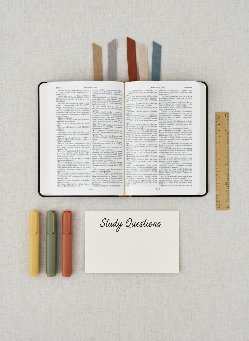 A clean, minimalist flat lay of an open Bible with crisp white pages and clearly printed black text, surrounded by three color-coordinated highlighters, a slim metal ruler, and an index card neatly titled “Study Questions” in precise handwriting. The items are arranged symmetrically on a light linen-covered surface, with muted earth-tone bookmarks peeking from within the pages. Overhead soft studio lighting creates even illumination, eliminating harsh shadows and emphasizing the fine details of the paper texture and ink. Photographic realism with sharp focus throughout, conveying a professional, methodical, and contemplative atmosphere suited for in-depth Bible study and question-based learning.
