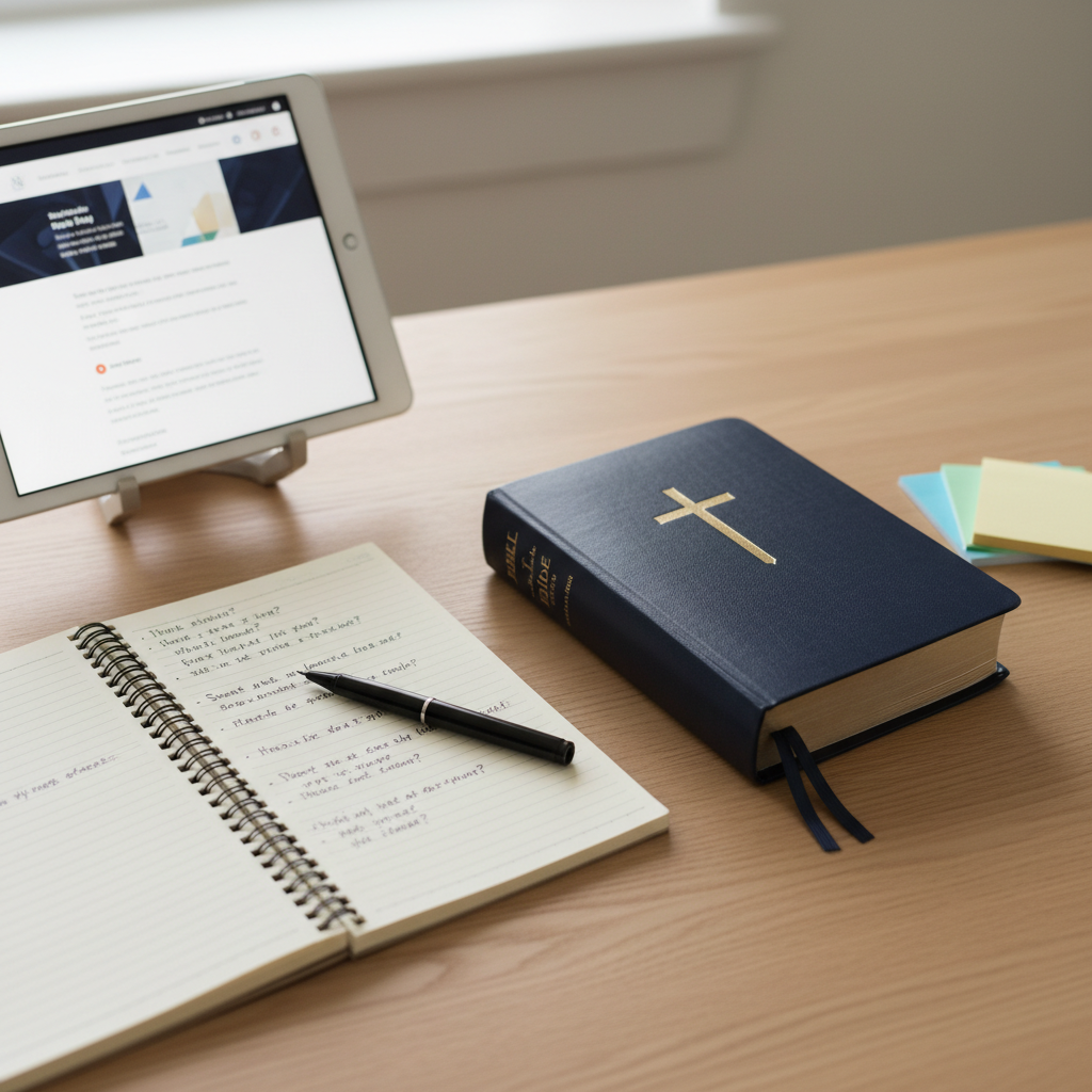 A neatly arranged Bible study workspace featuring a closed, navy blue hardback Bible centered on a pale oak desk, flanked by a fine-tip pen, a lined notebook filled with tidy handwritten questions, and a small stack of color-coded sticky notes. A tablet off to the side displays a blurred Bible study website interface. Soft, diffused morning light from a nearby unseen window creates a clear, even illumination, with minimal shadows and a calm, focused mood. Captured from a slightly elevated angle in photographic realism, the composition follows the rule of thirds, emphasizing organization, clarity, and a professional, educational environment ideal for structured Bible study topics.