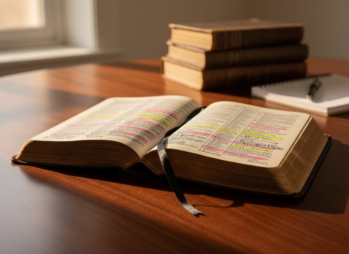 An open, well-worn leather Bible resting flat on a smooth, dark wood table, its thin, slightly curled pages revealing highlighted verses and small handwritten cross-references in the margins. A simple black ribbon marker lies diagonally across the text. In the background, a stack of neatly arranged reference books and a slim notebook sit softly out of focus. Warm late-afternoon sunlight streams in from the left, creating gentle highlights on the gilt page edges and casting calm, elongated shadows. Photographic realism at eye level, with a shallow depth of field that centers the Bible in a clean, professional composition, evoking a thoughtful, studious atmosphere for serious Bible study.